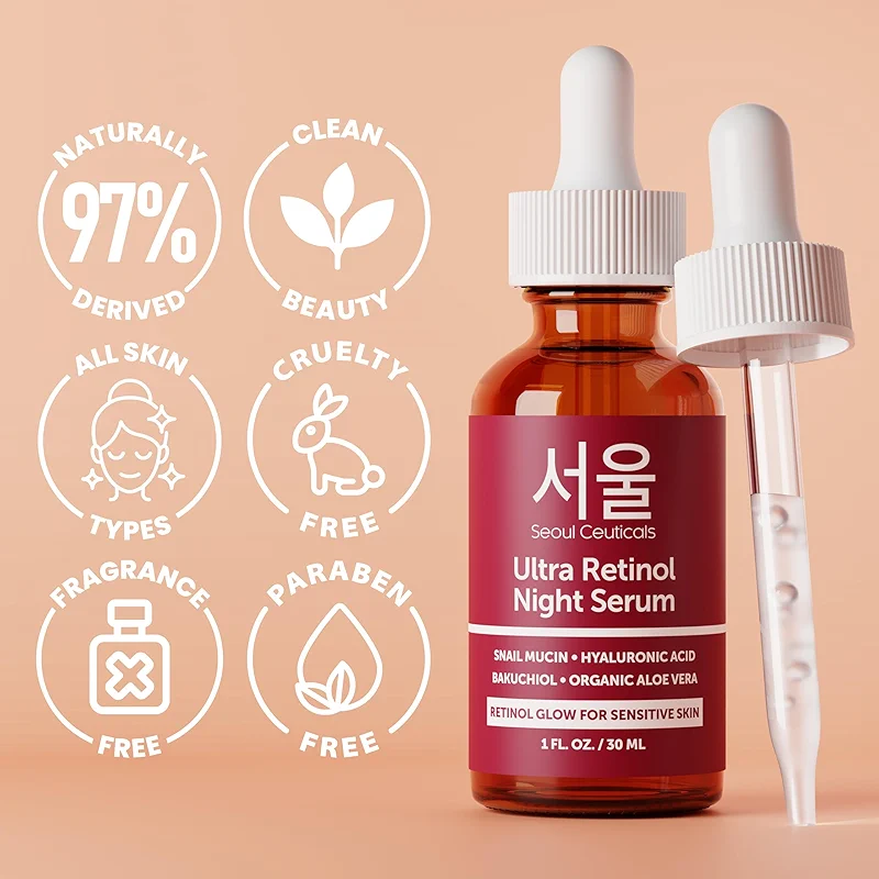 SeoulCeuticals 1% Korean Retinol Night Serum for Face - 97.5% Snail Mucin
